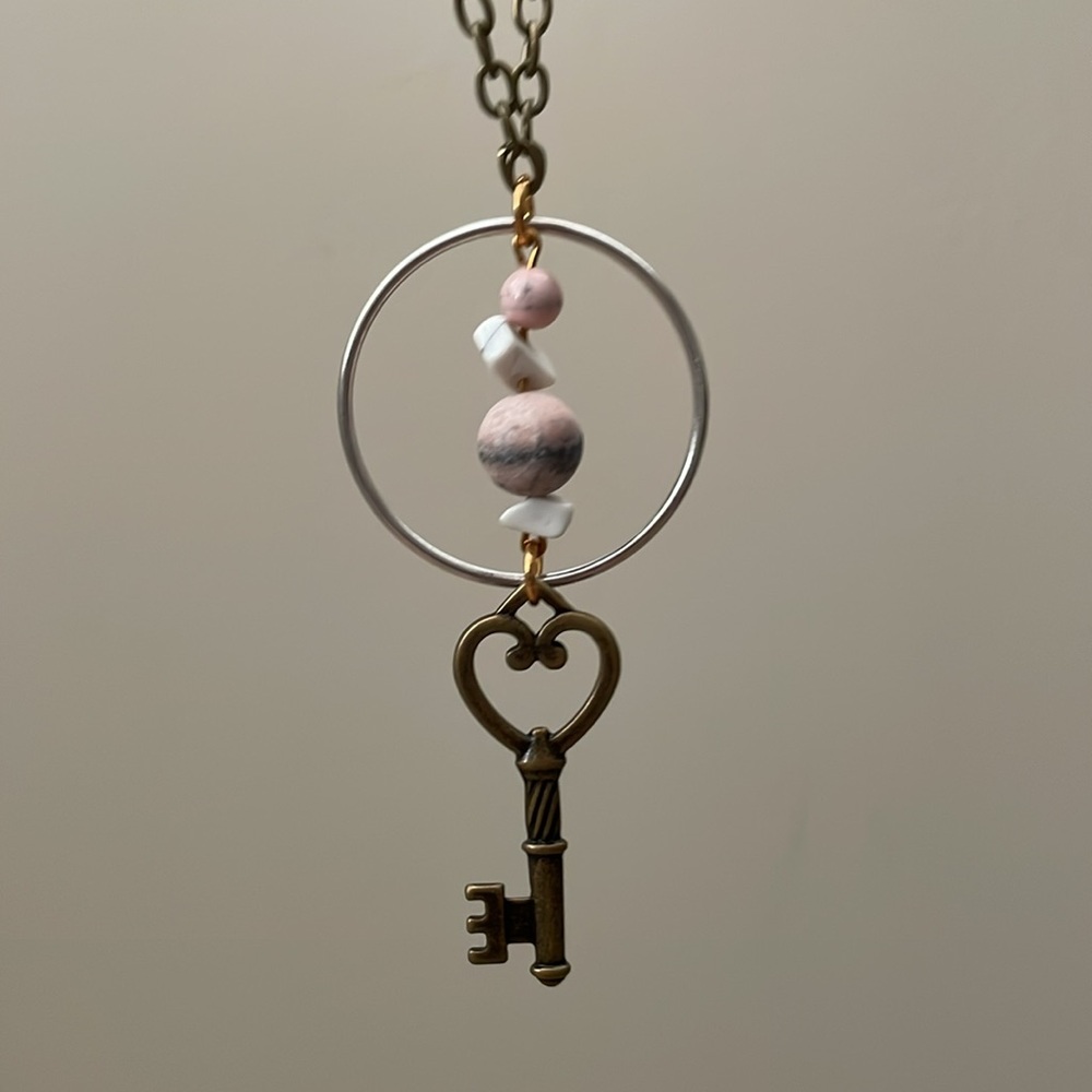 Mixed metal gemstone hoop key necklace